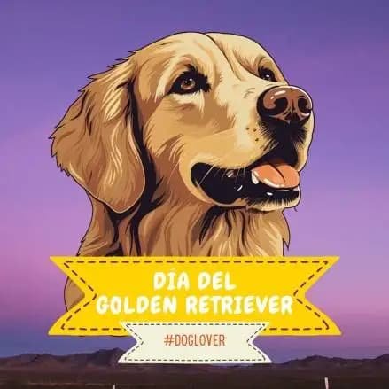 Ilustración de un golden retriever con el texto "Día del Golden Retriever"
