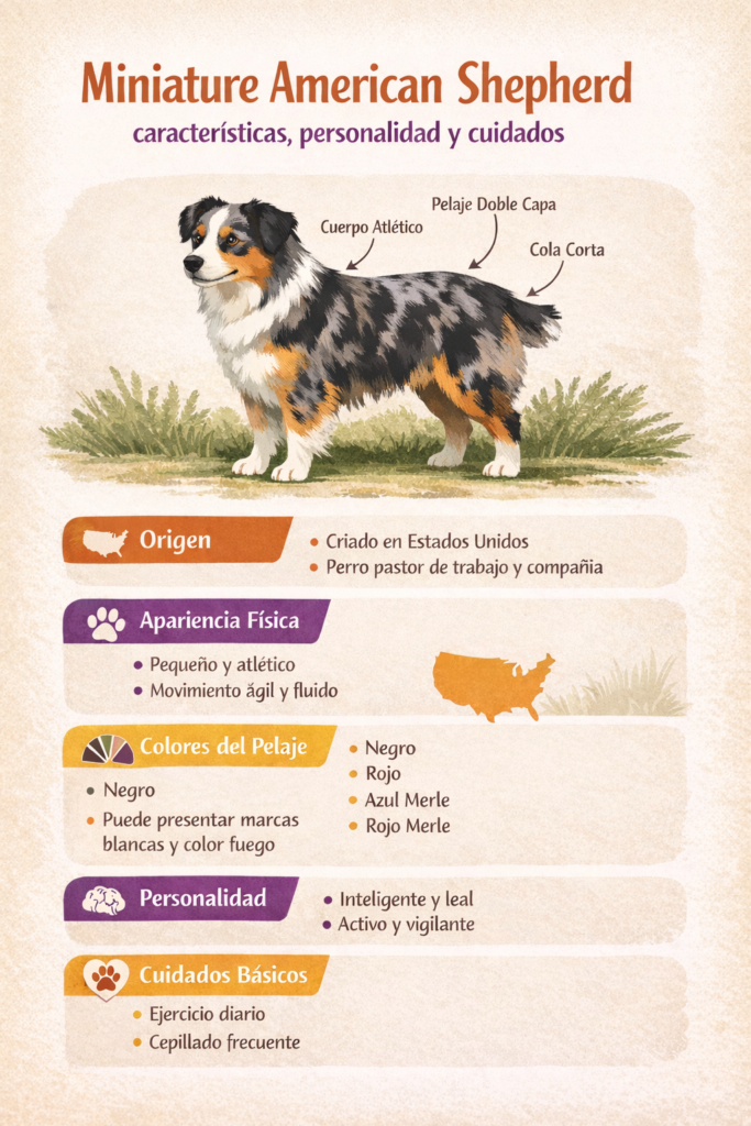 Infografía del Miniature American Shepherd con sus características físicas, personalidad y cuidados básicos
