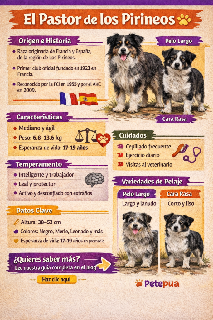 Infografía del Pastor de los Pirineos con sus características, origen, temperamento, tipos de pelaje y cuidados básicos como mascota