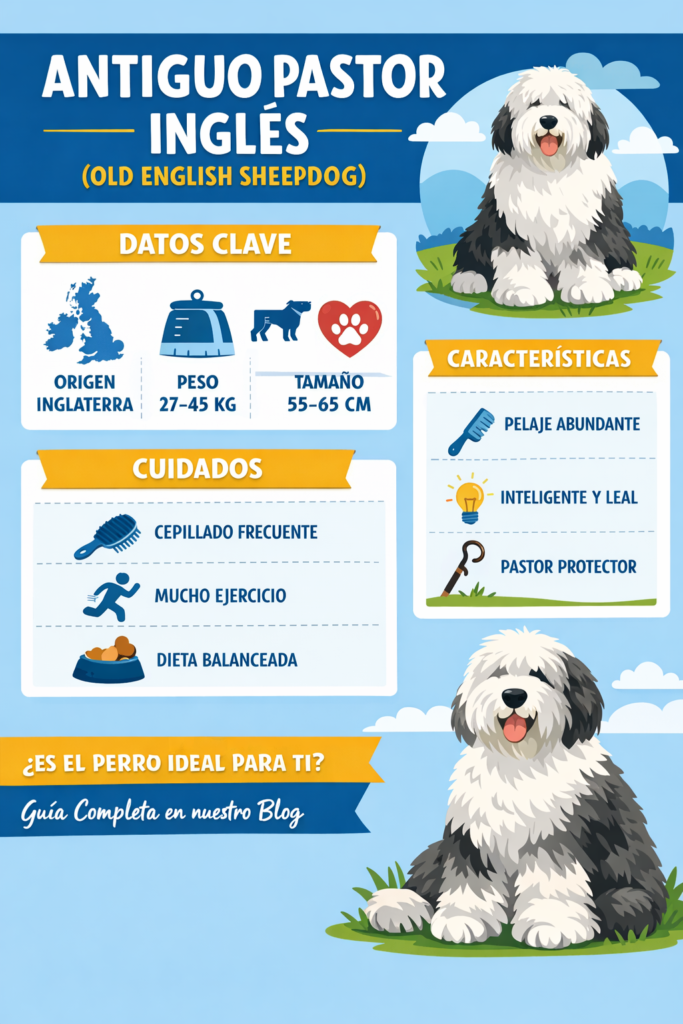 Infografía del perro Antiguo Pastor Inglés con características, cuidados, datos clave y características
