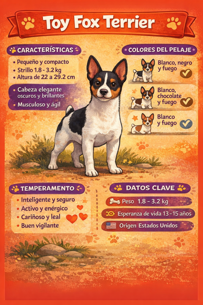 Infografía del Toy Fox terrier, con sus características, origen, temperamento y colores de pelaje
