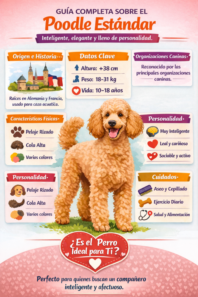 Infografía del Poodle Estándar con sus características físicas, personalidad, cuidados, tamaño, peso y datos clave de la raza canina.
