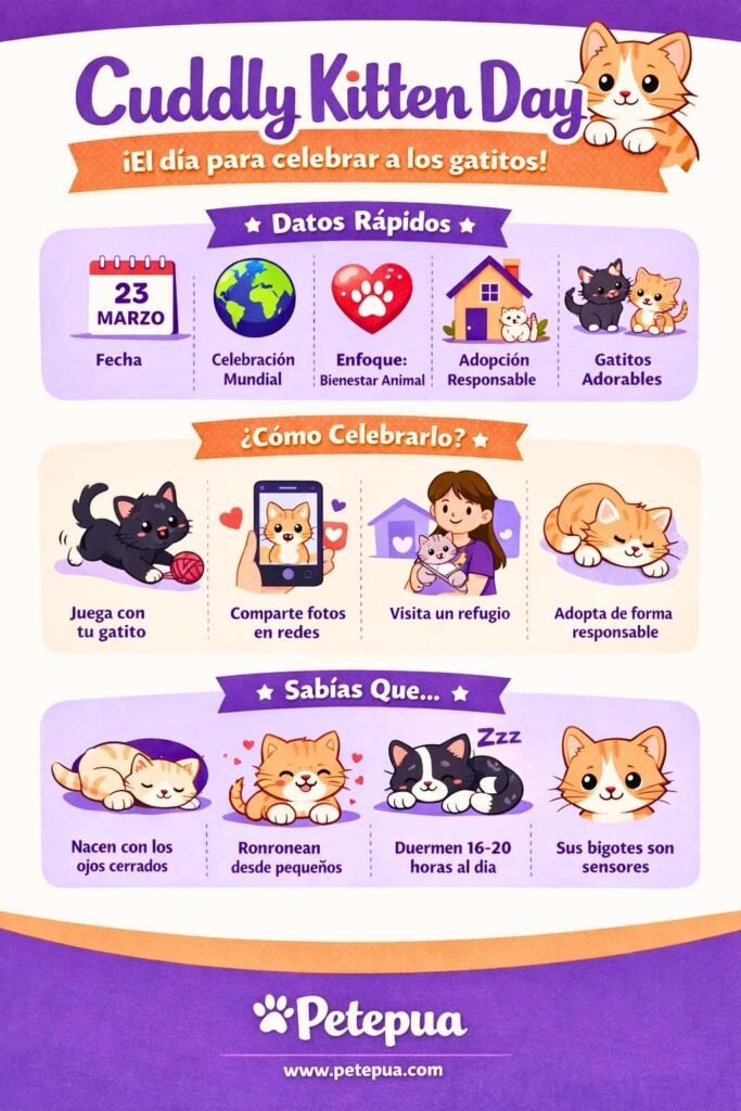 Infografía de Cuddly Kitten Day con fecha, formas de celebrarlo y datos curiosos sobre los gatitos.