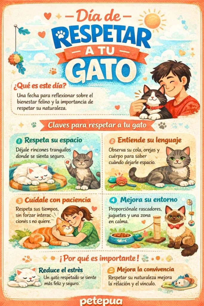 Infografía de Respect Your Cat Day con consejos para respetar el espacio, lenguaje y bienestar de los gatos