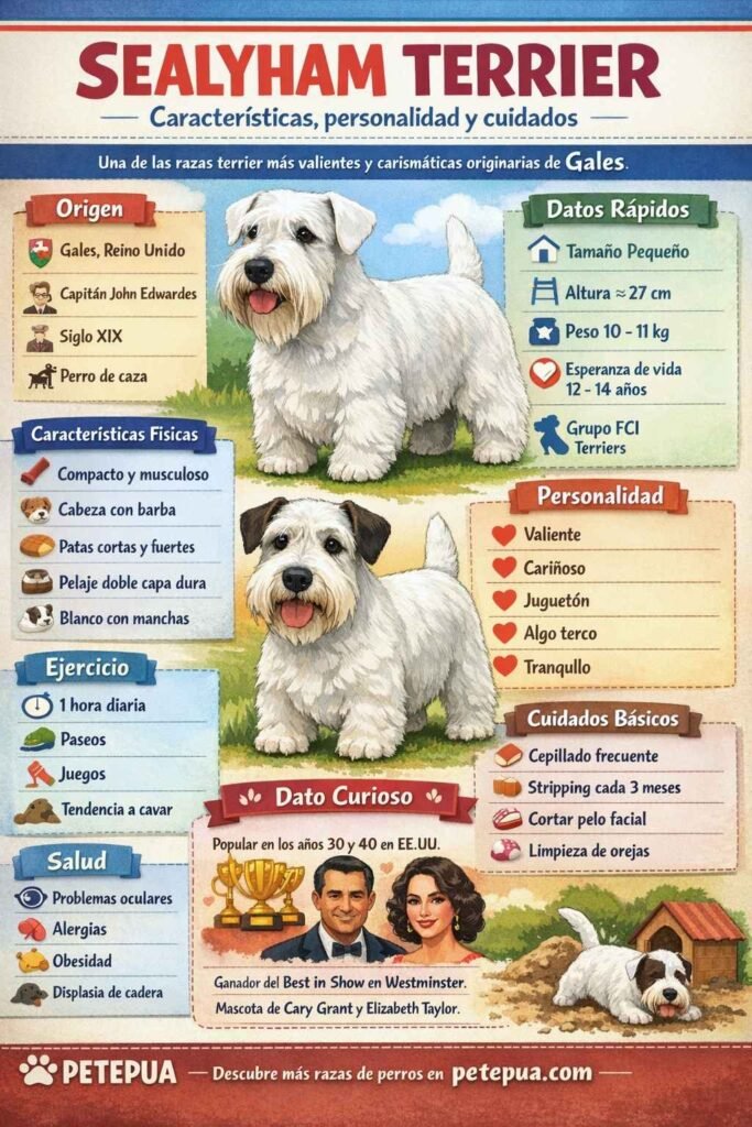 infografia del sealyham terrier con caracteristicas personalidad cuidados peso altura y origen de la raza