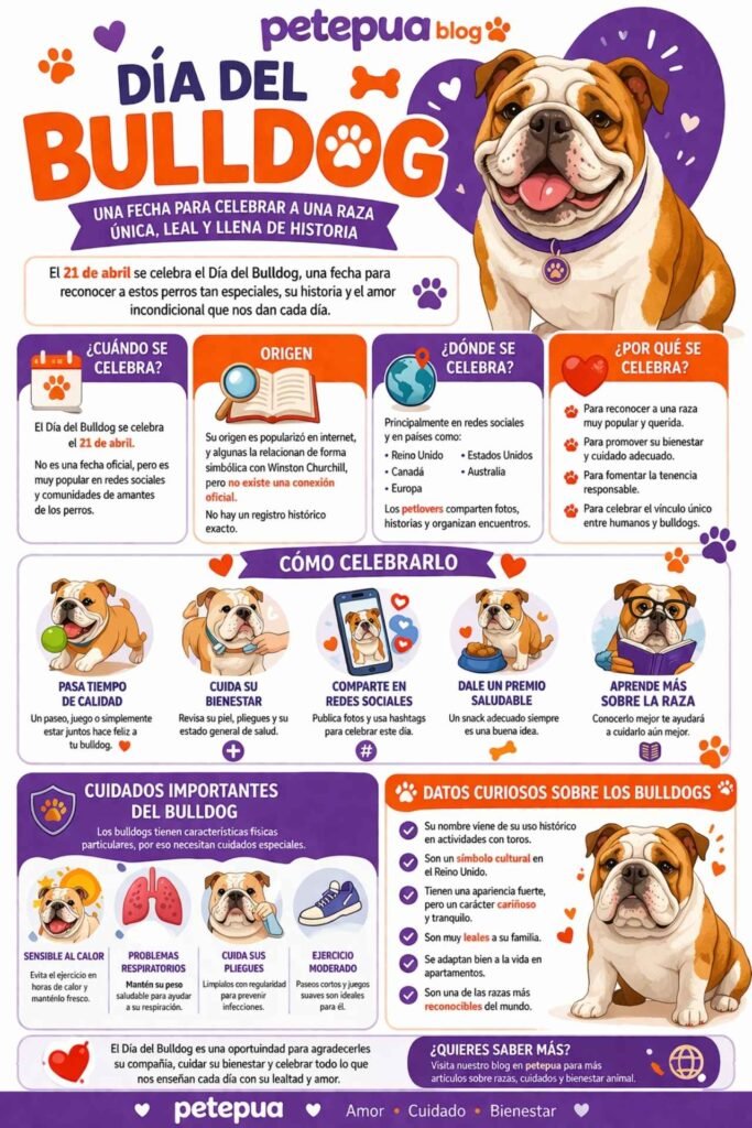 Infografía del Día del Bulldog con información sobre su origen, cómo celebrarlo y datos curiosos de la raza