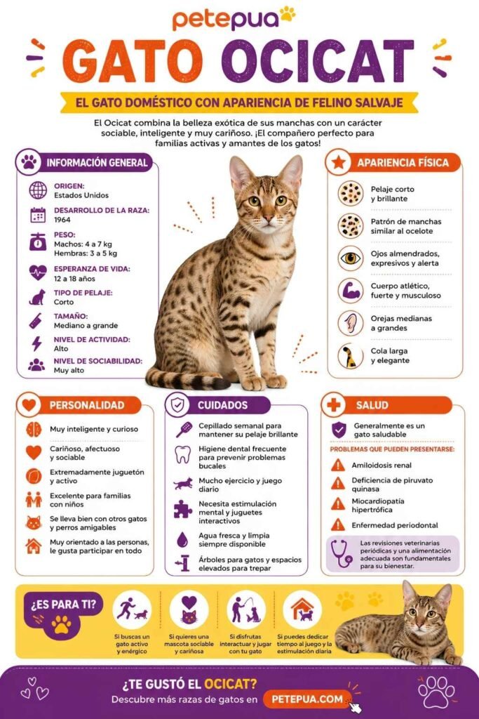 Infografía del gato Ocicat con información sobre origen, personalidad, características físicas y cuidados.