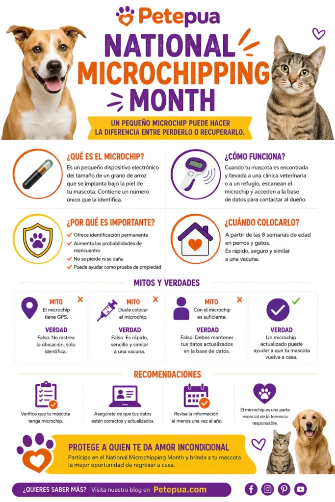 Infografía sobre National Microchipping Month explicando qué es el microchip para mascotas, cómo funciona, sus beneficios y mitos frecuentes en perros y gatos.