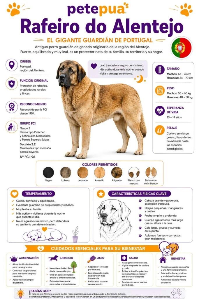 Infografía del Rafeiro do Alentejo mostrando origen portugués, tamaño, peso, esperanza de vida, características físicas, temperamento y cuidados principales de esta raza guardiana.